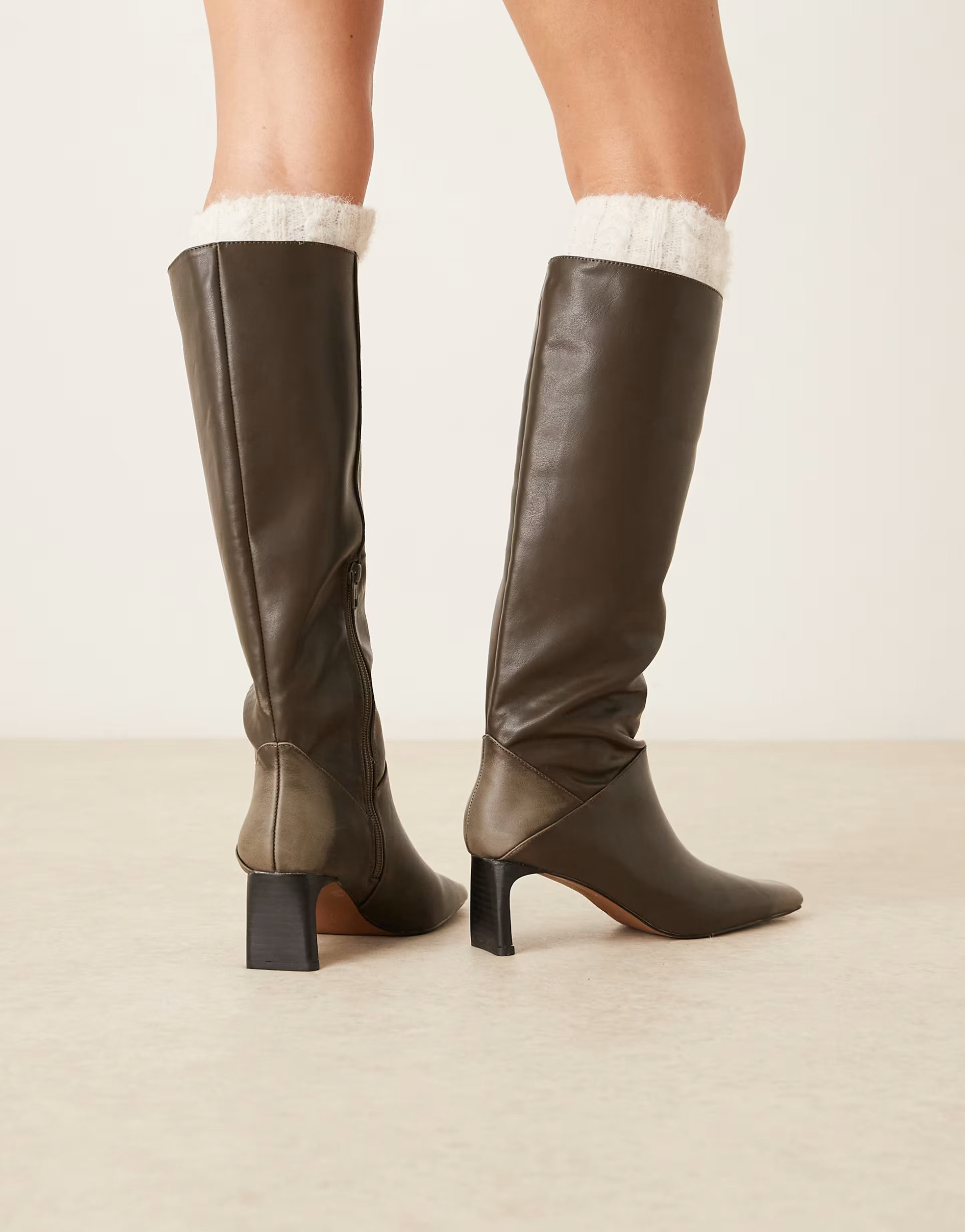 ASOS DESIGN Cannes square toe pull on knee boots in olive | ASOS | ASOS (Global)