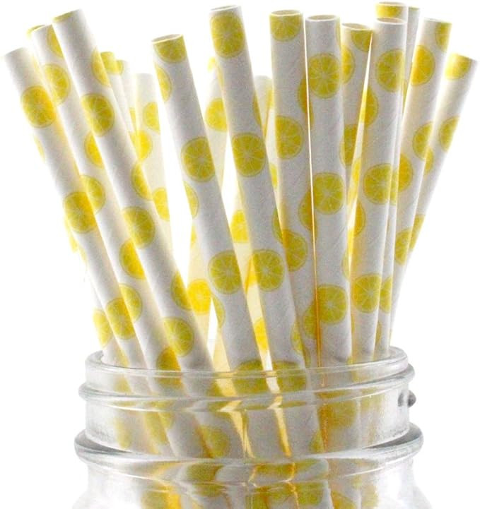 IPALMAY Lemon Patterned Drinking Paper Straws, Disposable Biodegradable, 7.75 Inches, Pack of 100... | Amazon (US)
