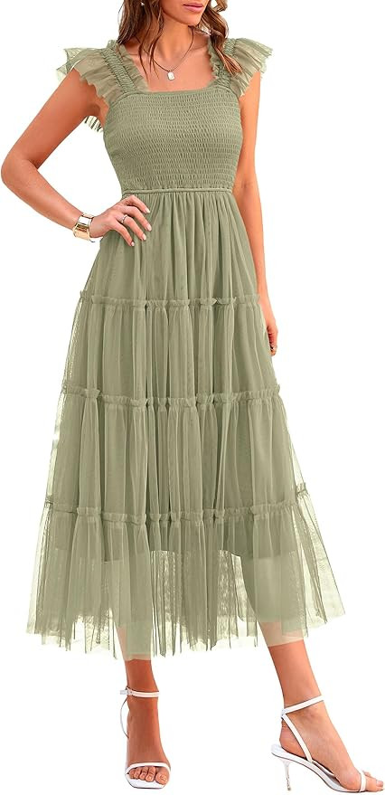 PRETTYGARDEN Women's Summer Tulle Midi Dress Sleeveless Smocked Ruffle Flowy Mesh Dresses Party W... | Amazon (US)