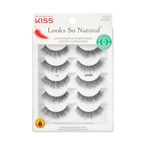 KISS Looks So Natural, False Eyelashes, 'Shy', 12 mm, Includes 5 Pairs Of Lashes, Contact Lens Friendly, Easy to Apply, Reusable Strip Lashes, Glue On | Amazon (US)