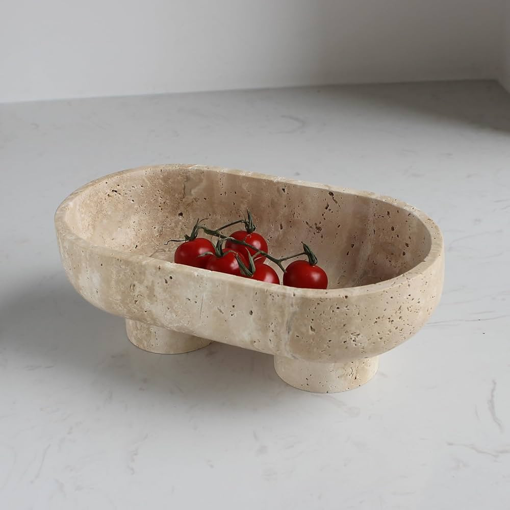Natural Oval Travertine Fruit Bowl for Kitchen Counter 10", Large Decorative Bowl Two-Legs for Ho... | Amazon (US)