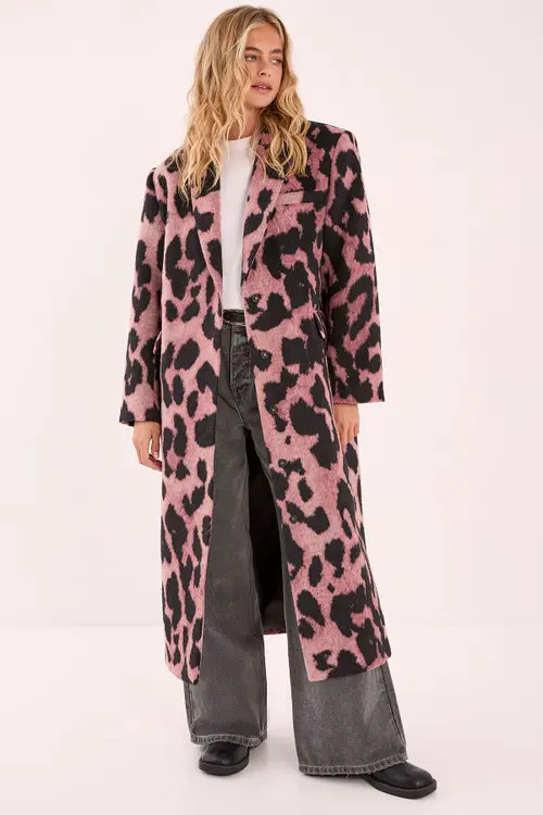 NASTY GAL Leopard Wool Blend Tailored Coat in Pink at Nordstrom, Size 8 | Nordstrom