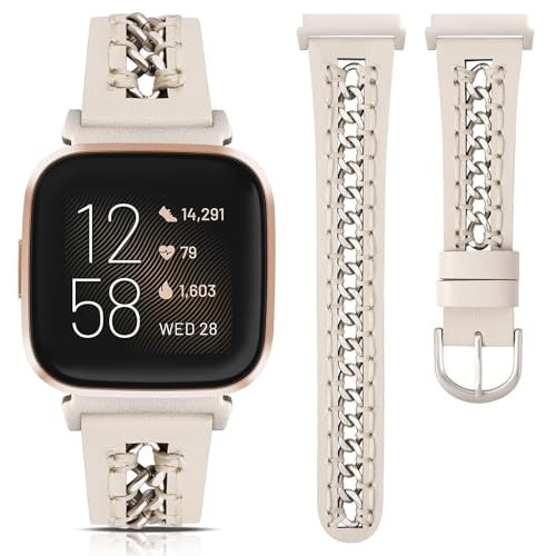 Minyee Leather Band Compatible with Fitbit Versa 2/Fitbit Versa/Versa Lite Bands Women, Dressy Premium Leather Designer Strap with Stainless Steel Metal Chain for Versa 2 Watch, Starlight/Starlight | Amazon (US)