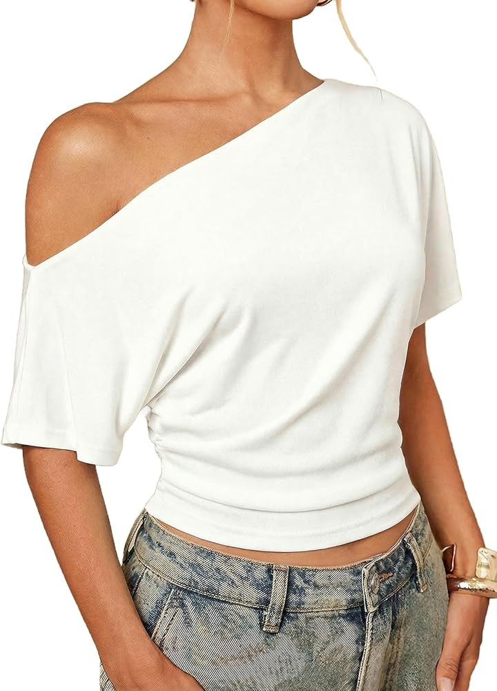 Milumia Women's Off The Shoulder Crop Top Ruched Dolman Short Sleeve Asymmetrical Y2K Going Out T... | Amazon (US)