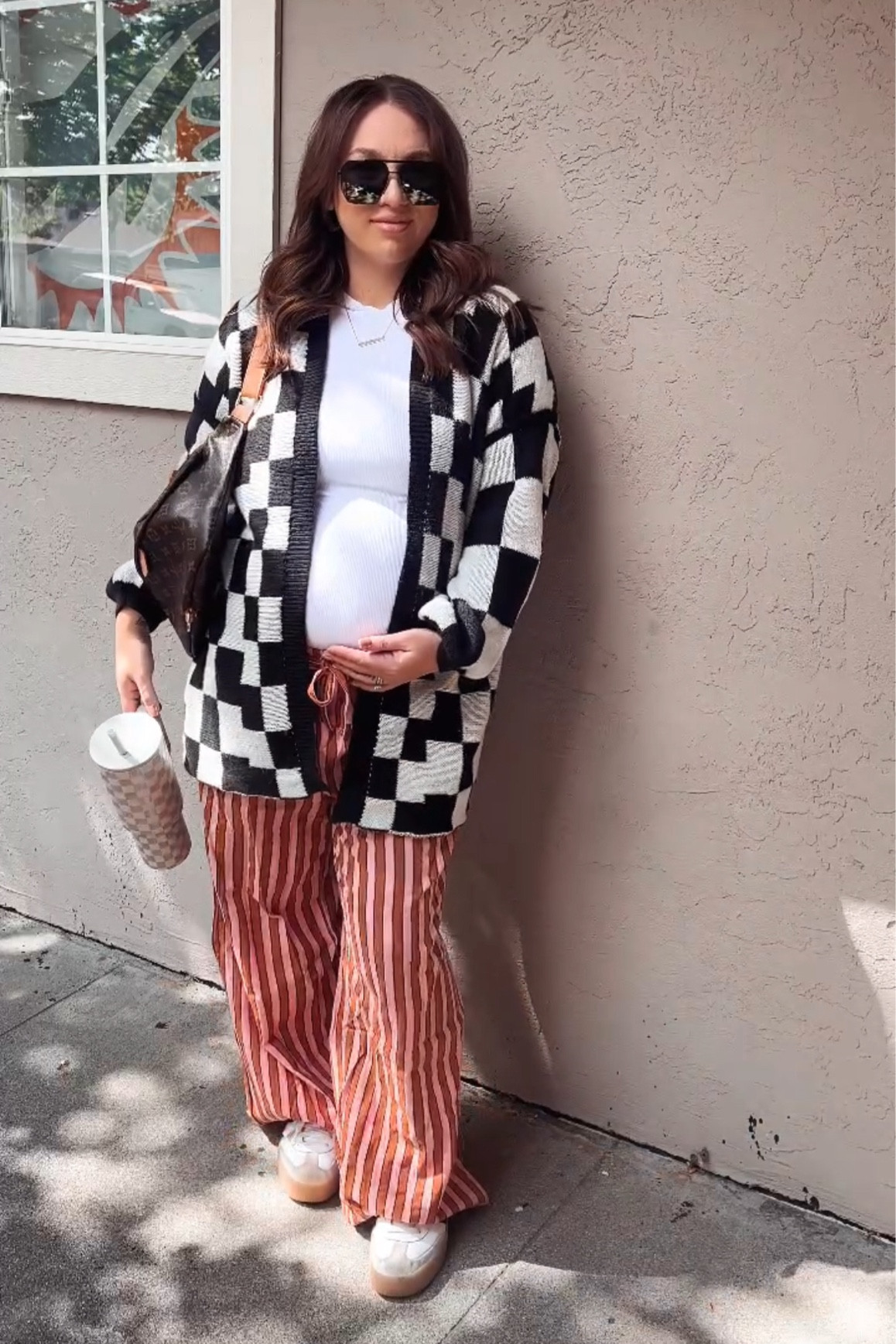 Wearing size large in cardigan and medium in tshirt + pants (recommend sizing down in pants they are oversized with a drawstring) #amazon #bumpfriendly #maternity 