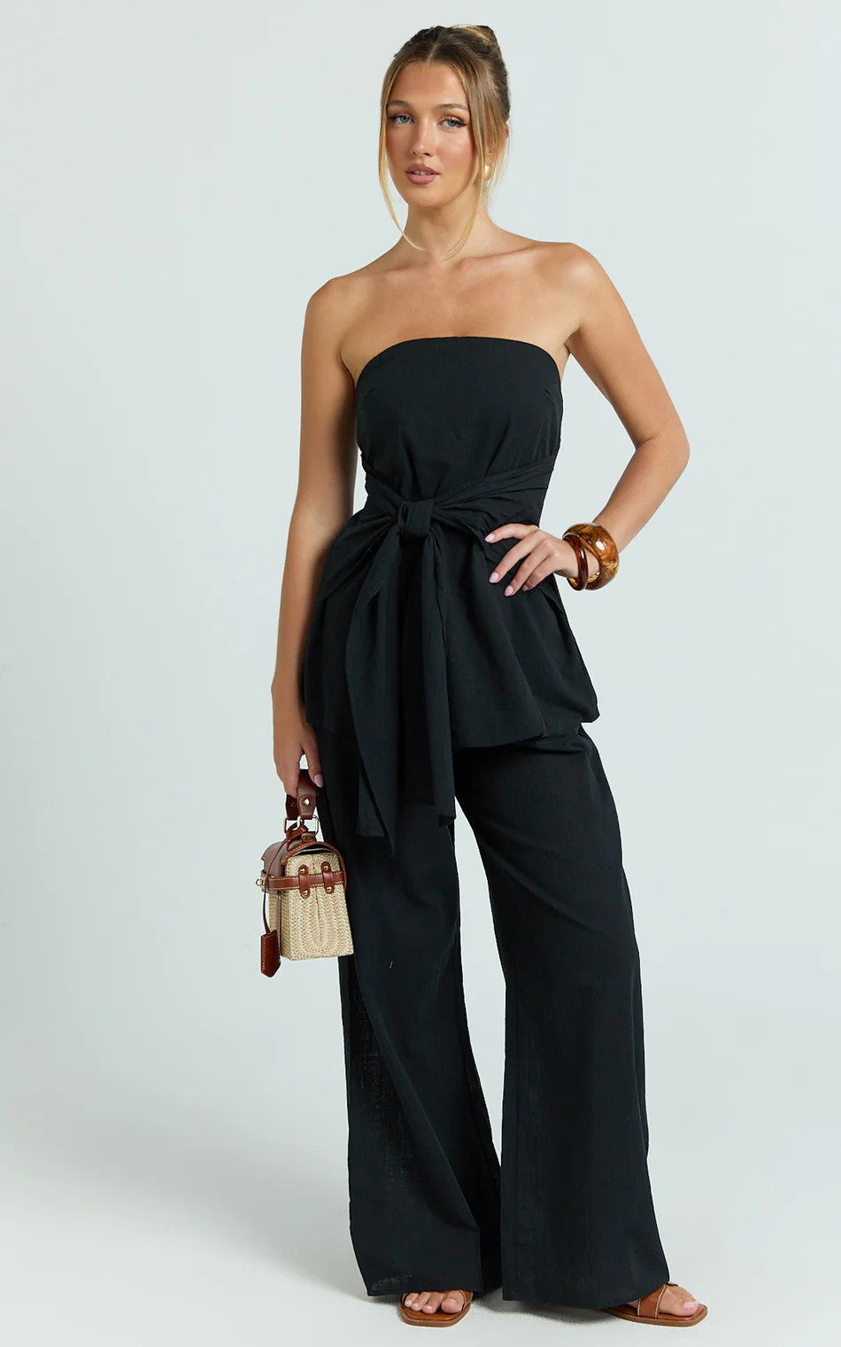 Cora Paige Two Piece Set - Strapless Tie Detail Top and Wide Leg Pant Set in Black | Showpo (ANZ)