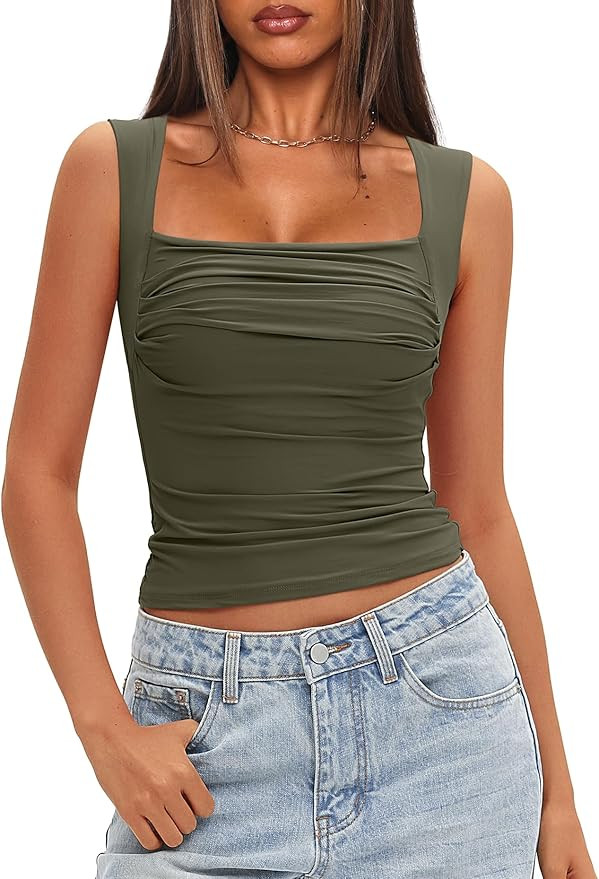 Darong Women's Padded Ruched Tank Tops Built in Bra Summer Double Lined Sleeveless Going Out Crop... | Amazon (US)
