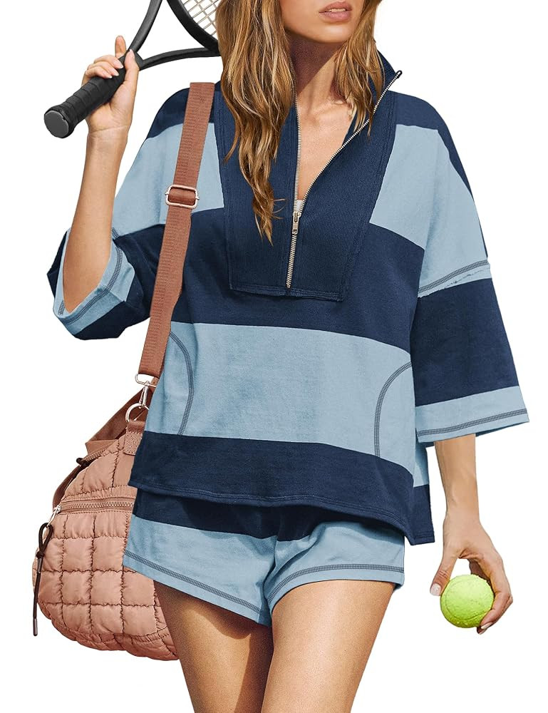 ReachMe Womens Workout Striped Short Sets 2 Piece Outfits Summer Matching Lounge Sets Top and Sho... | Amazon (US)