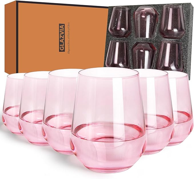 Pink Stemless Wine Glasses Set of 6, 15oz Drinking Glassware Dishwasher Safe, Wine Glass Tumblers... | Amazon (US)