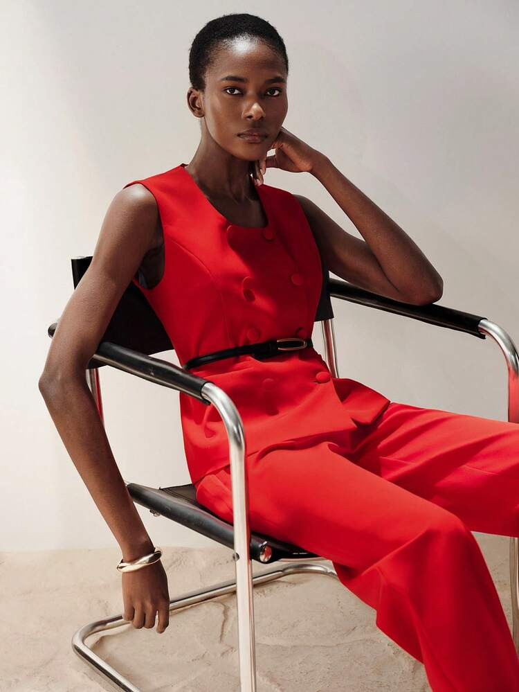 Aveloria Modichic Moderner Minimalistischer Stil, Formelle Businesskleidung, Doppelreiher-Design, Pattentasche-Details, Ärmellose Weste, Hochgeschnittene Gerade Hose, Polyestermischgewebe, Knitterfrei Und Strukturiert, Geeignet Für Geschäftstreffen, Professionelle Vorstellungsgespräche, Formelle Anlässe, Täglichen Büroalltag Und Wichtige Anlässe, Die Eine Fähige Und Selbstbewusste Ausstrahlung Zeigen. Europäischer Und Amerikanischer Quadratischer Ausschnitt Ärmellos Mit Knopfverzierung, Einfarbig, Lässig, Weite Beinform Hose Damen 2-Teiliges Set | SHEIN