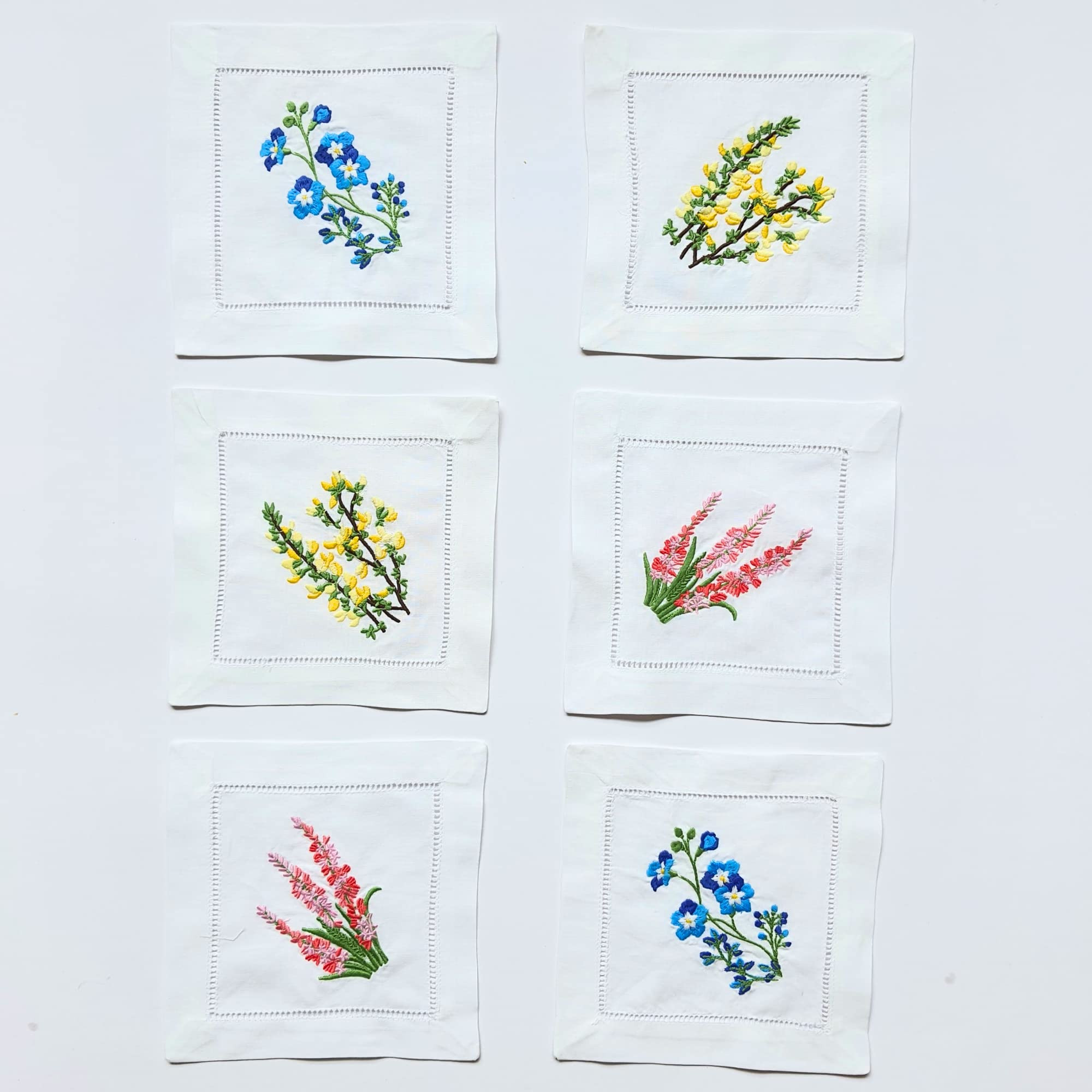 Embroidered White Cocktail Napkins 6"x6" Set of 6 Cloth Napkin Coasters, Mixed Hyacinth Bulbs Emb... | Amazon (US)