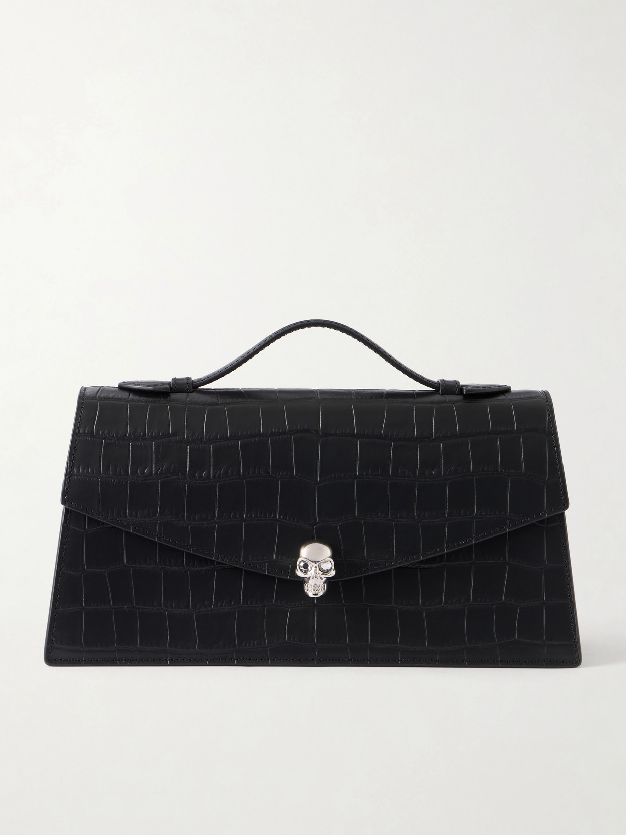 MCQUEEN - Skull Embellished Croc-effect Leather Clutch - Black | NET-A-PORTER (US)