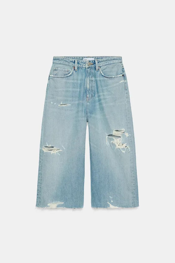 MID-RISE RIPPED BAGGY DENIM JORTS | Zara US