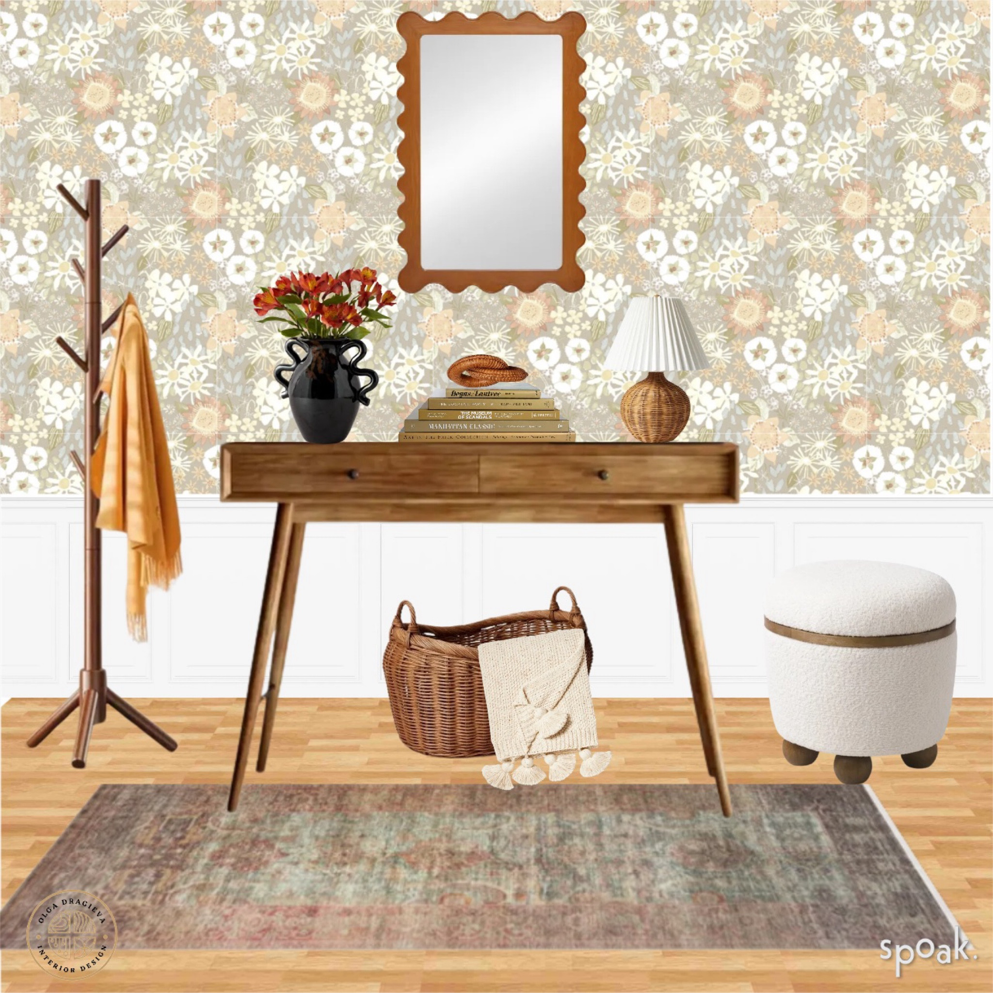 Beautiful entryway design/moodboard! Console table, gorgeous ottoman from tj maxx, beautiful ripple mirror from Lulu & Georgia, coat rack, floral wallpaper and a vintage-style rug! 

#LTKstyletip #LTKhome #LTKSeasonal
