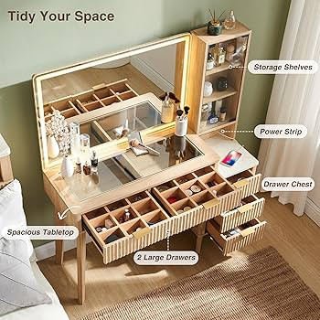 T4TREAM Makeup Vanity Desk with Large Mirror and Lights, 48" Glass Top Vanity Table with 5 Drawer... | Amazon (US)