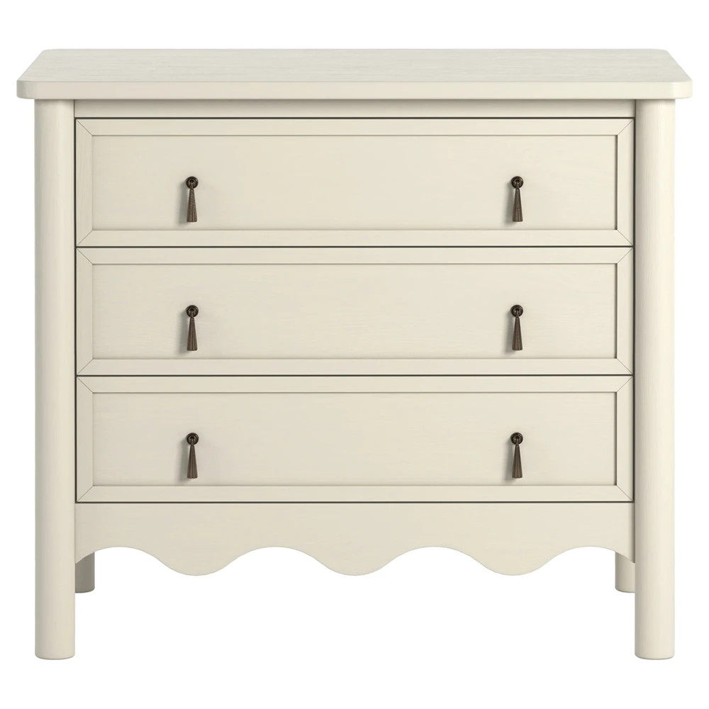 Maeva Updated Traditional Cream Oak Wood Scalloped Wide Nightstand | Kathy Kuo Home