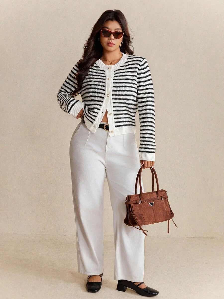 Elaquor Plus Size Women Casual Commuter Striped Pattern Faux Pearl Button Cardigan In Fall/Winter | SHEIN
