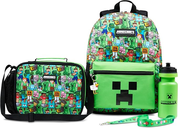 Minecraft Boys Backpack 5 Pc Gift Set, Creeper School Bookbag, Lunch Bag, Water Bottle, Keychain ... | Amazon (US)