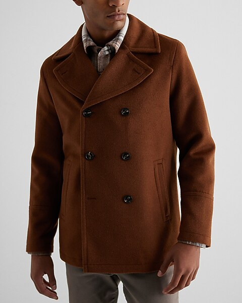 Brown Double Breasted Wool-blend Peacoat | Express