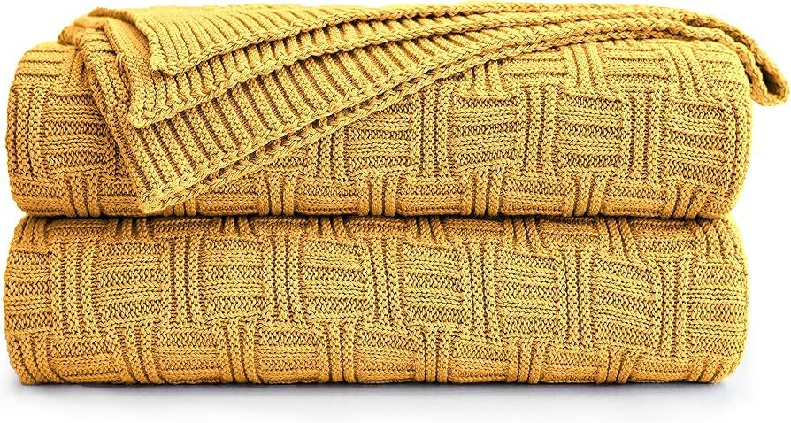 Cotton Mustard Yellow Knit Throw Blanket for Couch Sofa Beach Chair Bed Home Decorative Soft Warm... | Amazon (US)