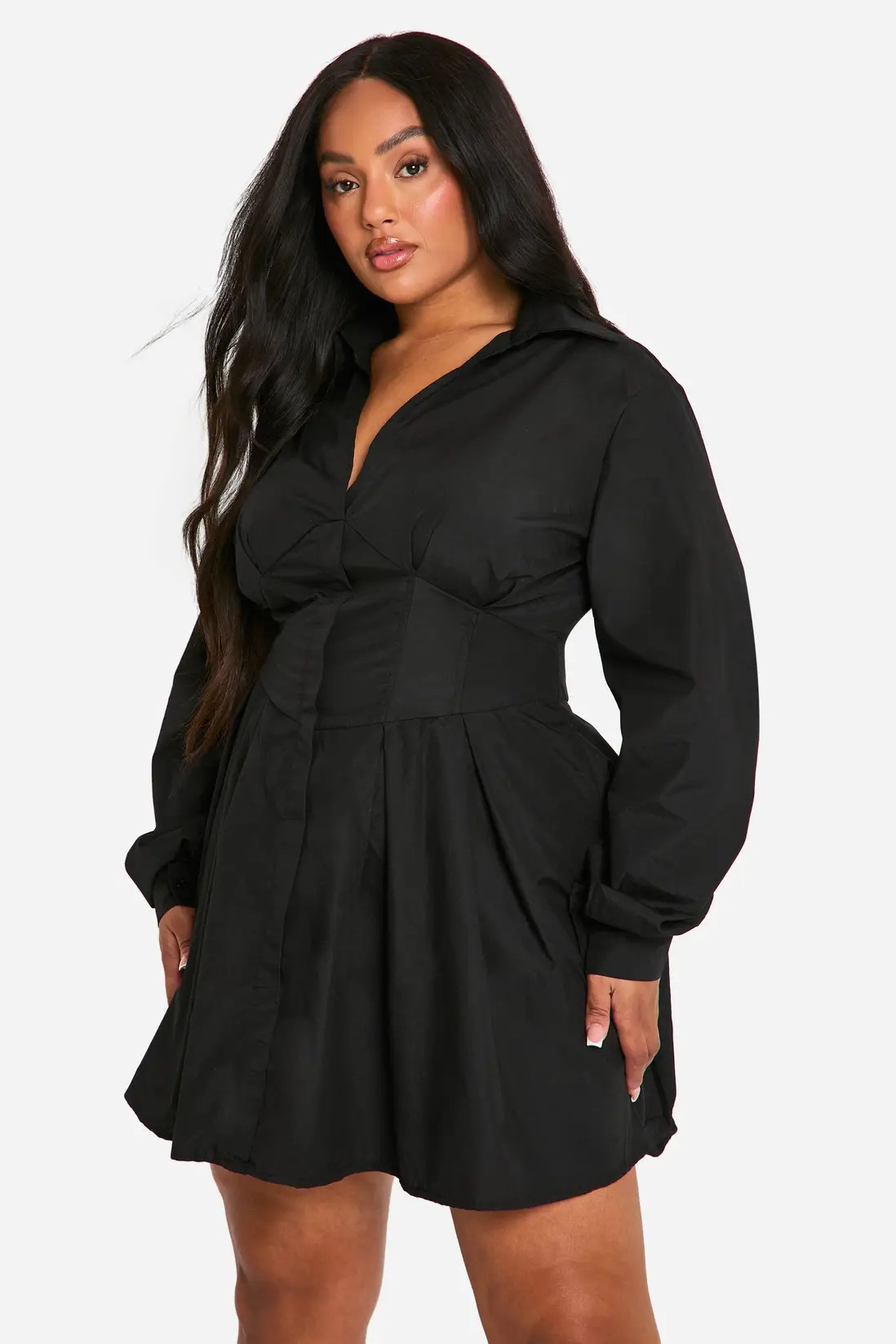 Black boohoo Plus Corset Detail Shirt Dress | PrettyLittleThing USA | PrettyLittleThing US