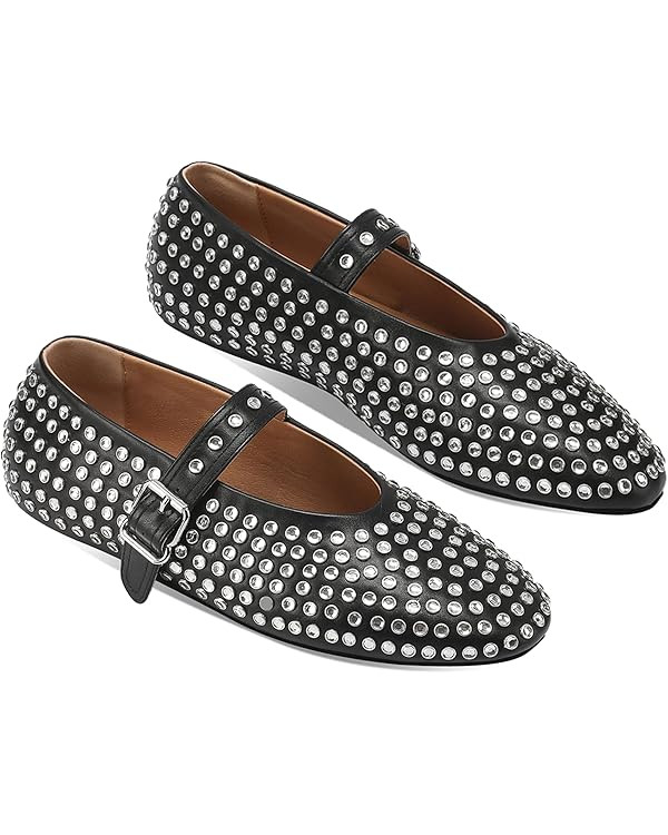 Women's Rhinestone Flats Crystal Studded Mary Jane Ballet Flats Shoes Buckle Ballerina Shoes | Amazon (US)