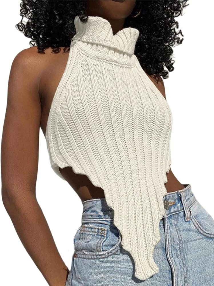 Women Sleeveless Knit Crop Tank Tops Backless Halter Turtleneck Irregular Vest Tops Fashion High ... | Amazon (US)