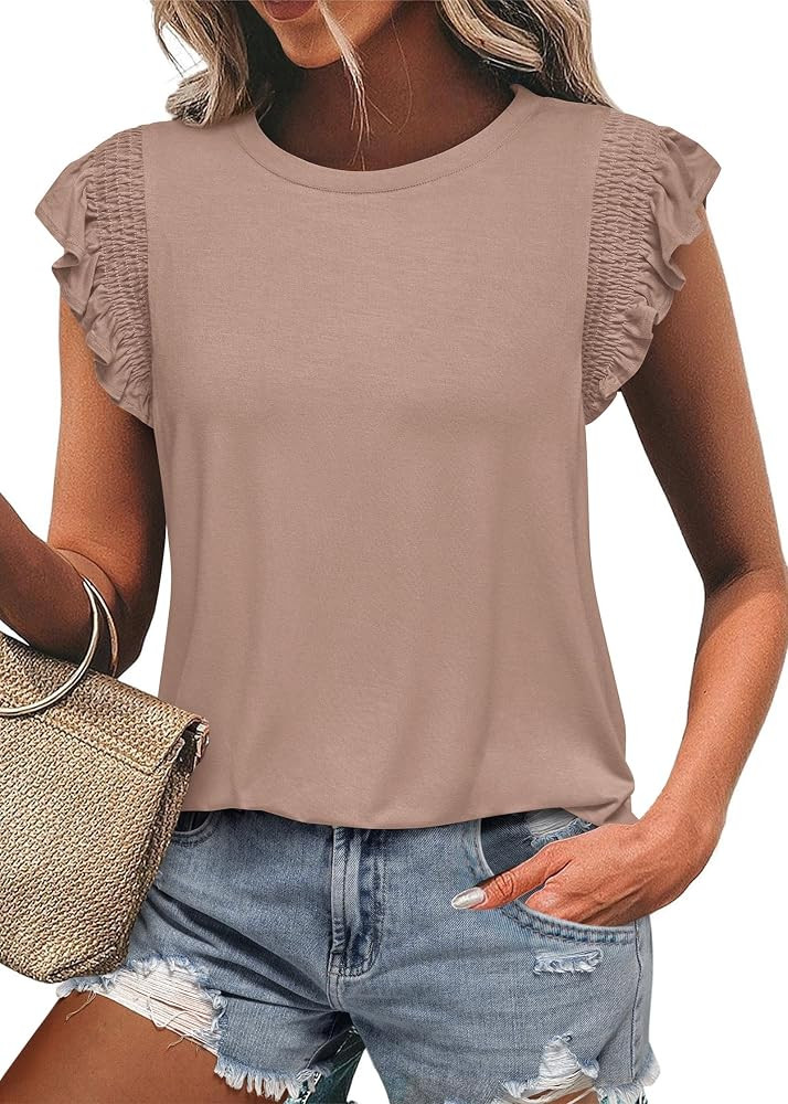 KIRUNDO Womens Tops 2025 Spring Fashion Ruffle Cap Sleeve Casual T Shirts Summer Crewneck Basic T... | Amazon (US)