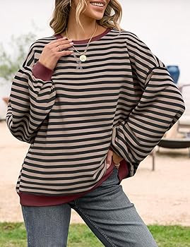 UEU Women Oversized Striped Crewneck Sweatshirt Long Sleeve Color Block Pullover Tops Casual Loos... | Amazon (US)
