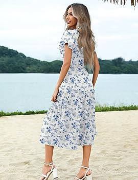 Zeagoo Women's Summer Casual Dress Flutter Short Sleeve V Neck Button Down Tiered Flowy Long Dres... | Amazon (US)