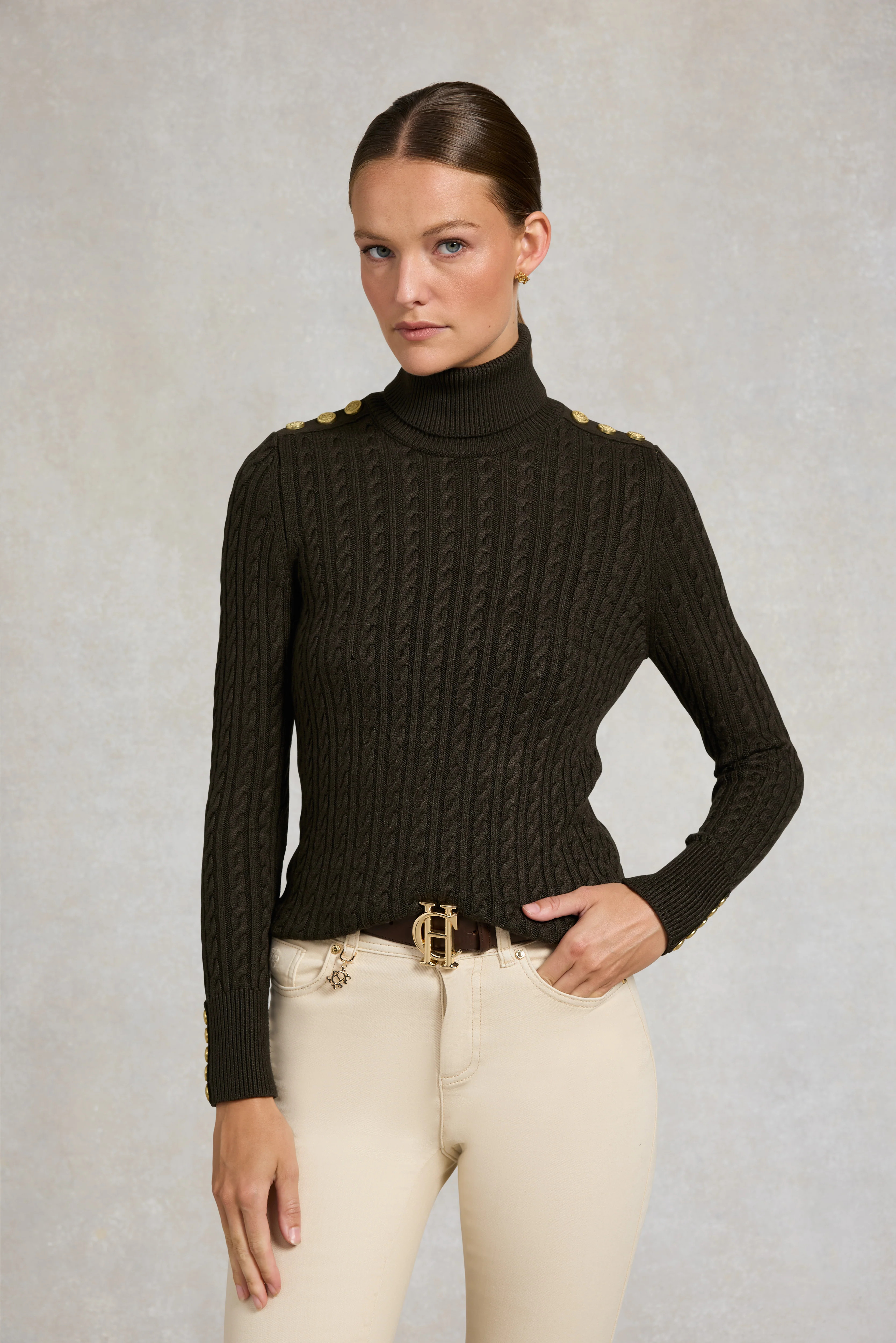 Seattle Roll Neck Cable Knit (Fern Green) | Holland Cooper