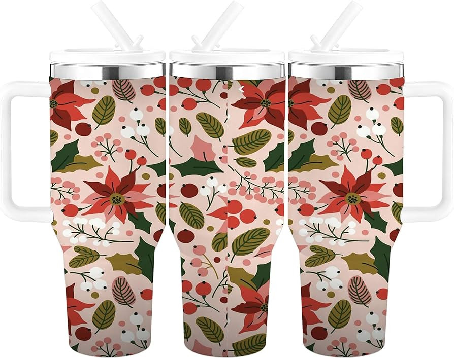 Daruirong Pink Green Christmas Holly 40 oz Stainless Steel Insulated Tumblers with 3 Lids Handle ... | Amazon (US)