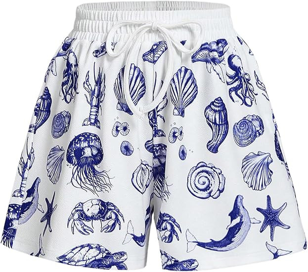 MakeMeChic Women's Summer Beach Ocean Print Shorts Drawstring Waisted Wide Leg Shorts | Amazon (US)
