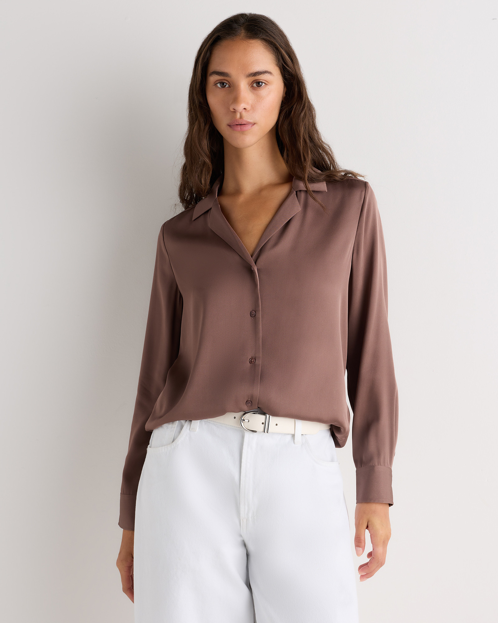 Quince | Women's 100% Washable Silk Stretch Notch Collar Blouse in Black, Size Large | Quince
