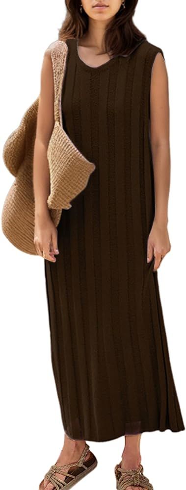 SAFRISIOR Women Sleeveless Sweater Midi Dress Scoop Neck Loose Fit Knitted Dress Solid Casual Tan... | Amazon (US)