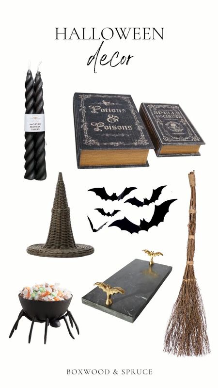 Halloween decor, black twisted candles, spell book box, wicker witch’s hat, spider bowl, bat charcuterie board, witch’s broom, 3D bats

#LTKhome #LTKSeasonal #LTKunder100