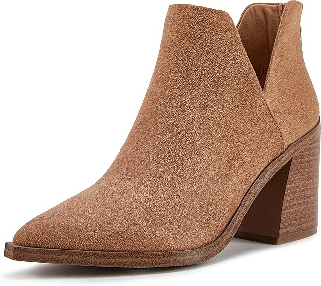 Womens Cutout Chelsea Ankle Boots Slip On Pointed Toe Stacked Chunky Block Heel Booties | Amazon (US)