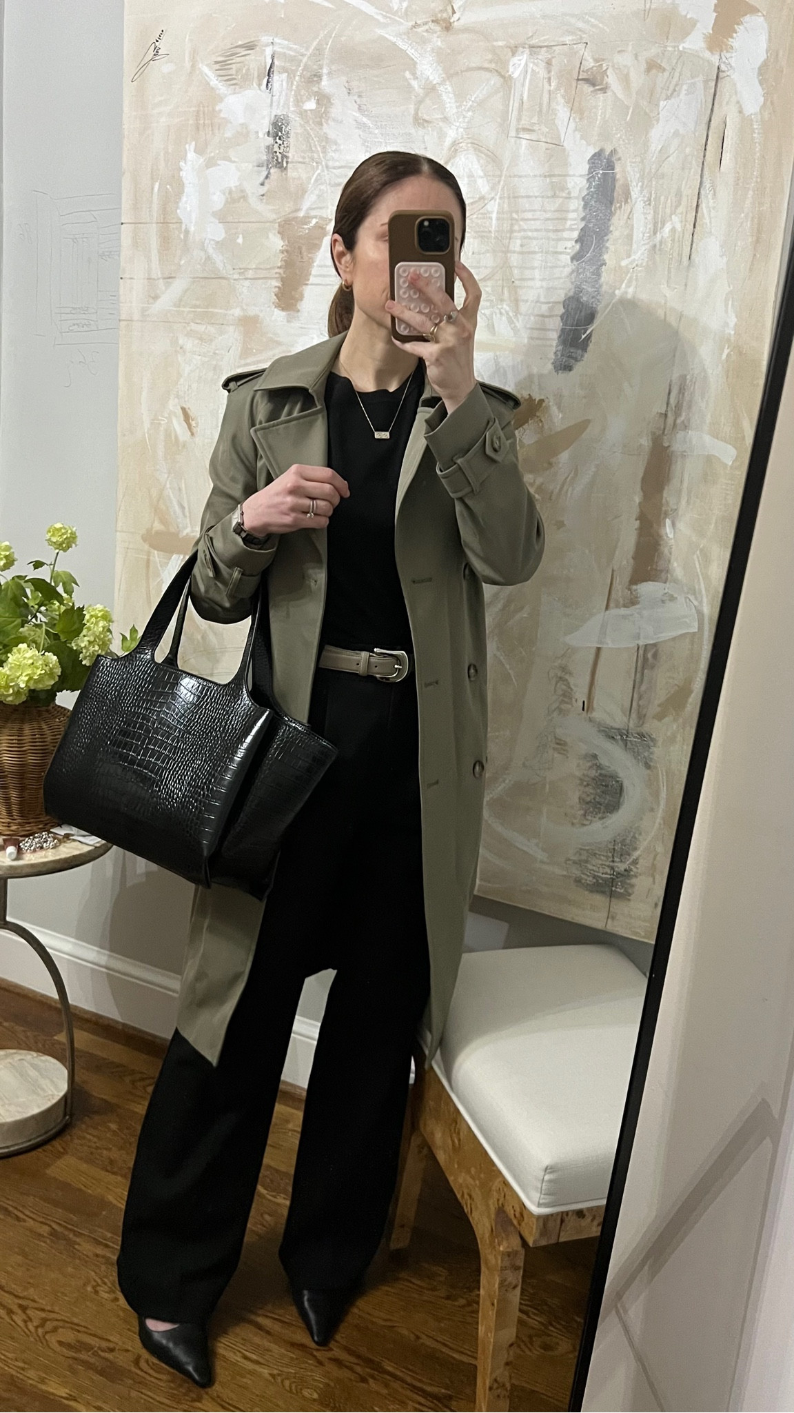 Spring transitional outfit, office outfit idea: olive trench coat, short sleeve sweater, Favorite Daughter trousers, croc tote, Sam Edelman slingbacks 
Belt code KELLY20

#LTKworkwear #LTKstyletip 

#LTKSeasonal
