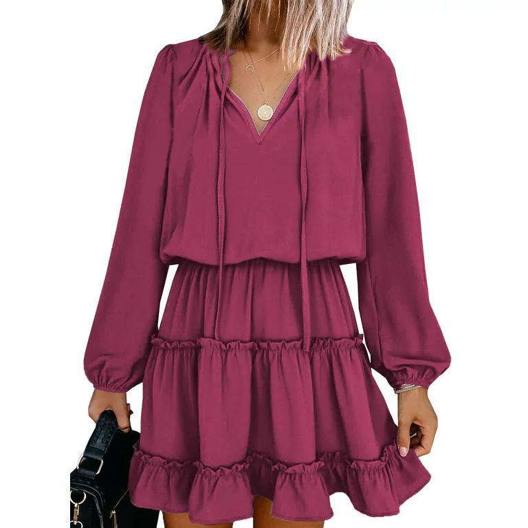 Dokotoo Women's Rose Drawstring V Neck Long Sleeve Mini Dress Tunic Flowy Dresses Size Small US 4... | Walmart (US)