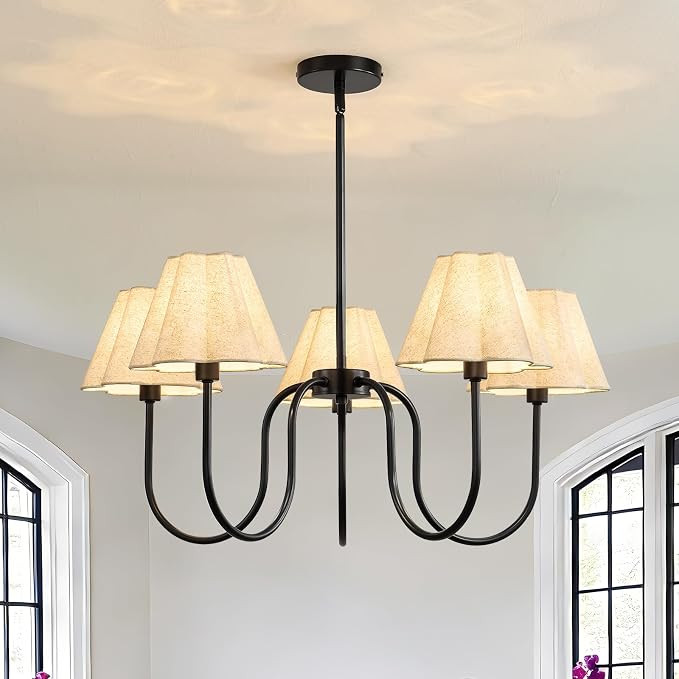 Modern 5-Light Black Chandelier, Large Fabric Shade Dining Room Light Fixture Over Table with Adj... | Amazon (US)