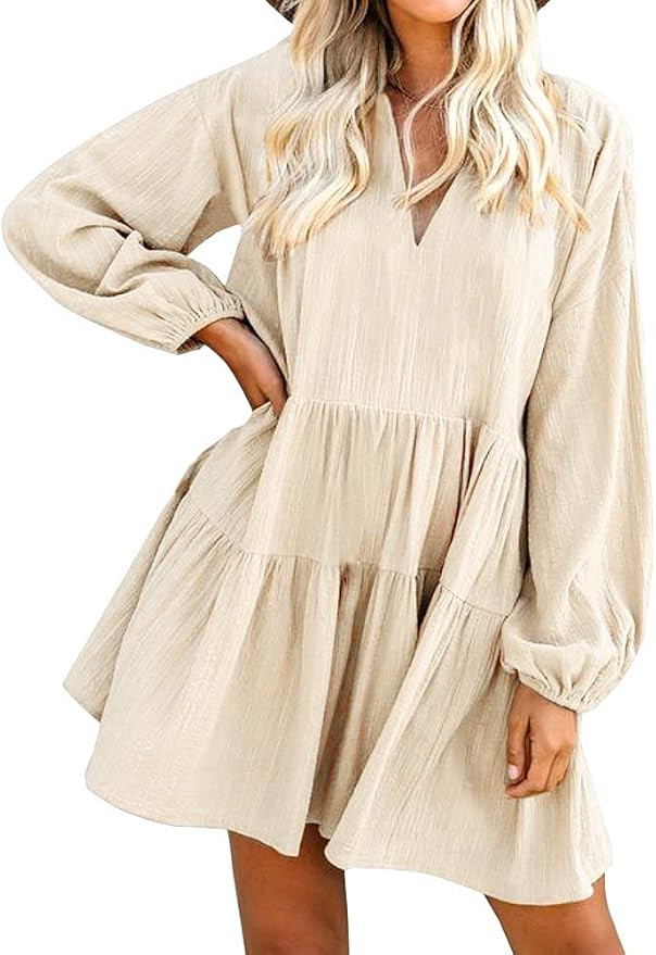 FANCYINN Women’s Cute Shift Dress with Pockets Bell Sleeve Ruffle Hem V Neck Loose Swing Tunic ... | Amazon (US)