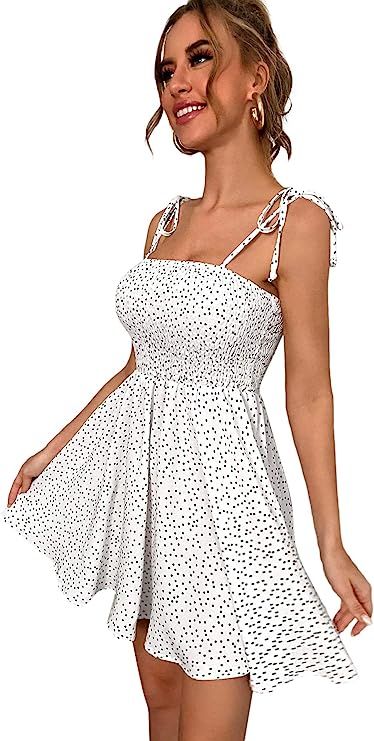 SheIn Women's Polka Dot Tie Shoulder Cami Mini Dress Sleeveless Shirred A Line Skater Flare Dress... | Amazon (US)