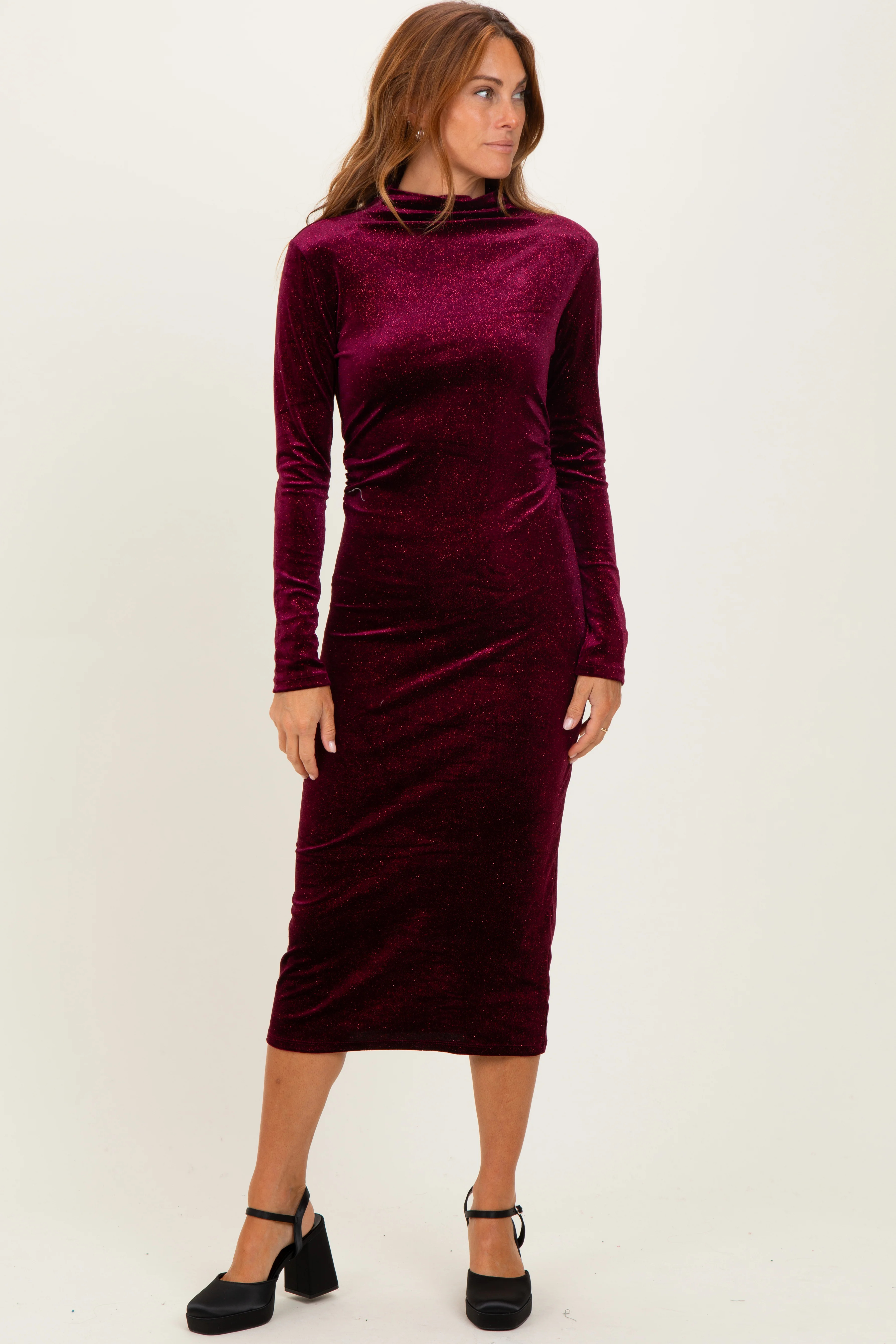 Burgundy Glitter Velvet Ruched Midi Dress | PinkBlush Maternity