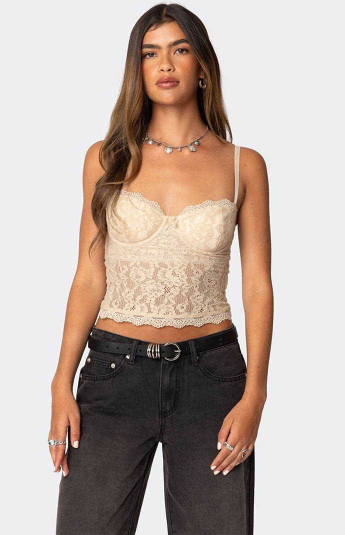 Edikted Women's Charisma Sheer Lace Bra Top in Beige - Size XS | PacSun
