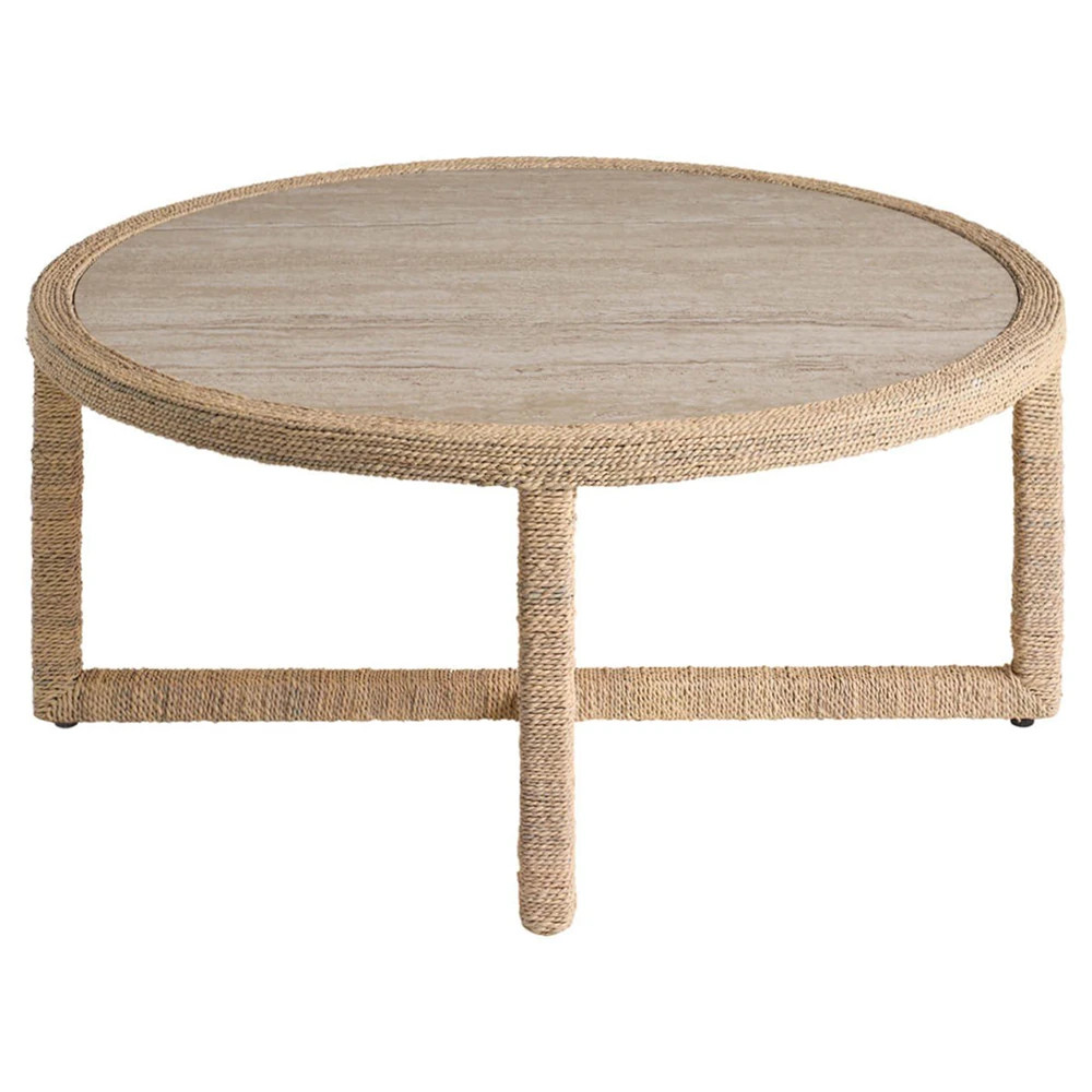 Riona Coastal Beach Beige Travertine Natural Woven Abaca Round Coffee Table | Kathy Kuo Home