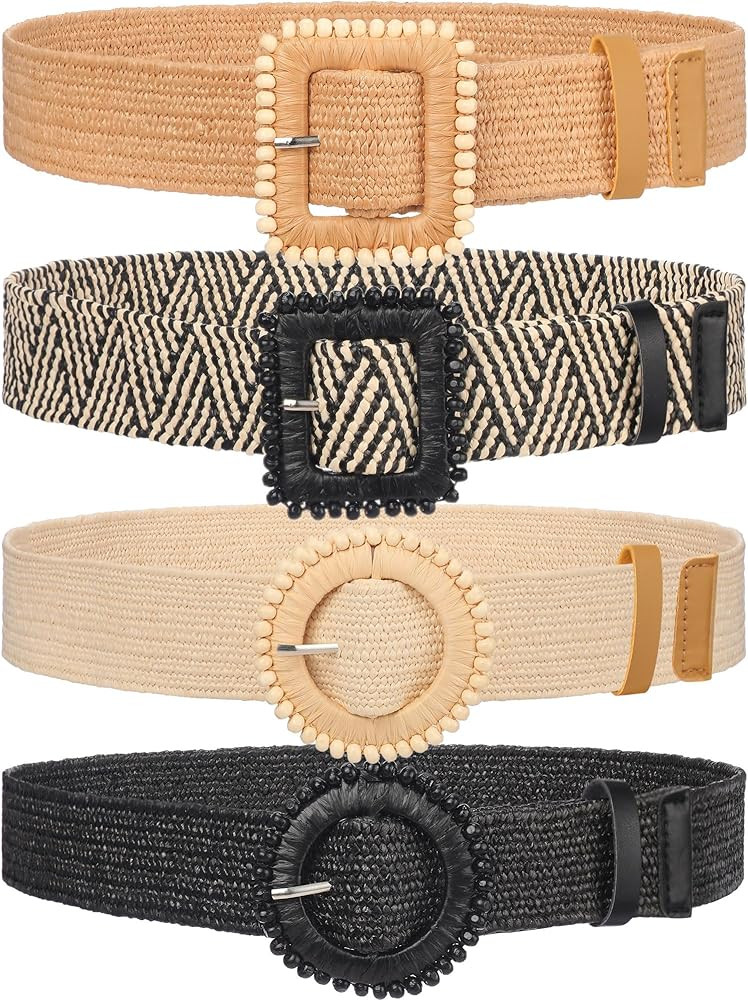 WILLBOND 4 Pcs Straw Woven Belt Elastic Stretch Rattan Buckle Waist Belt Women Skinny Raffia Dres... | Amazon (US)