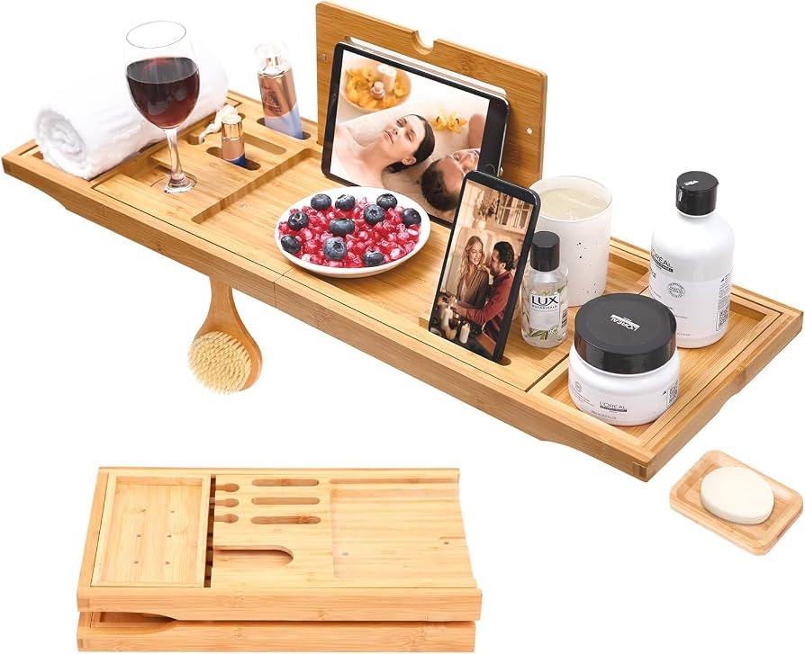 Bathtub Tray, Ohuhu Premium Bamboo Bathtub Caddy Tray Expandable Foldable Bath Tray Bath Tub Tray... | Amazon (US)