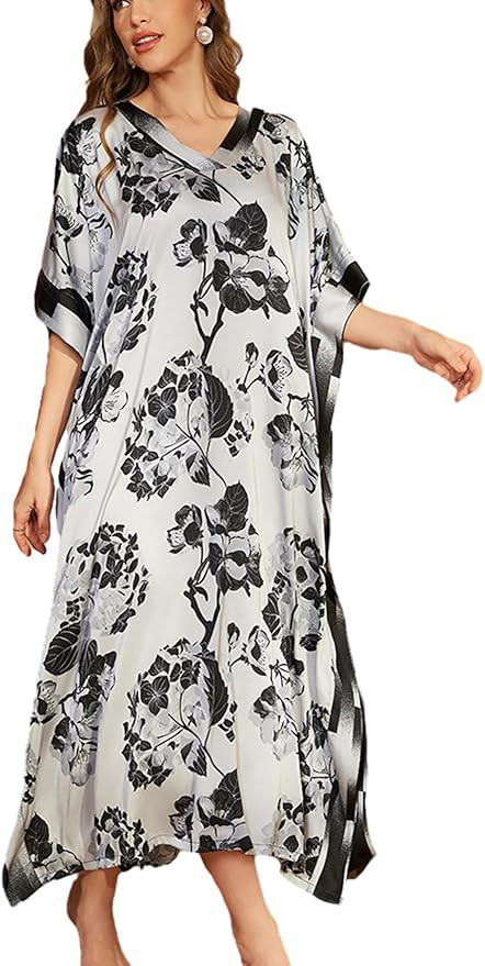 Caftan Dresses for Women Satin Print Plus Size Kaftan Maxi Gown Cover Up Beach Swimsuit Coverup L... | Amazon (US)