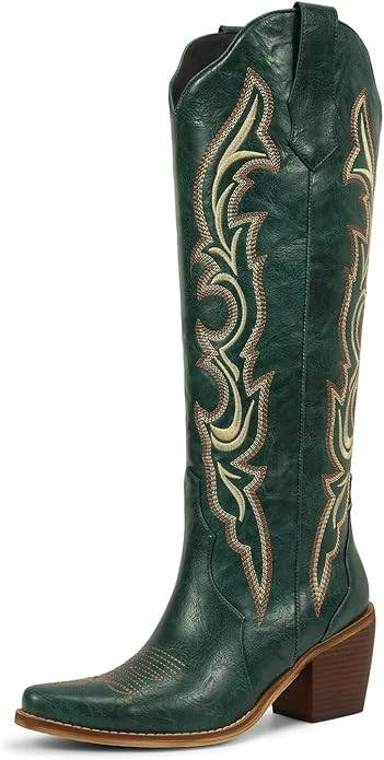 wetkiss Cowboy Boots for Women Knee High Cowgirl Boots with Chunky Low Heel and Pointed Toe, Wome... | Amazon (US)