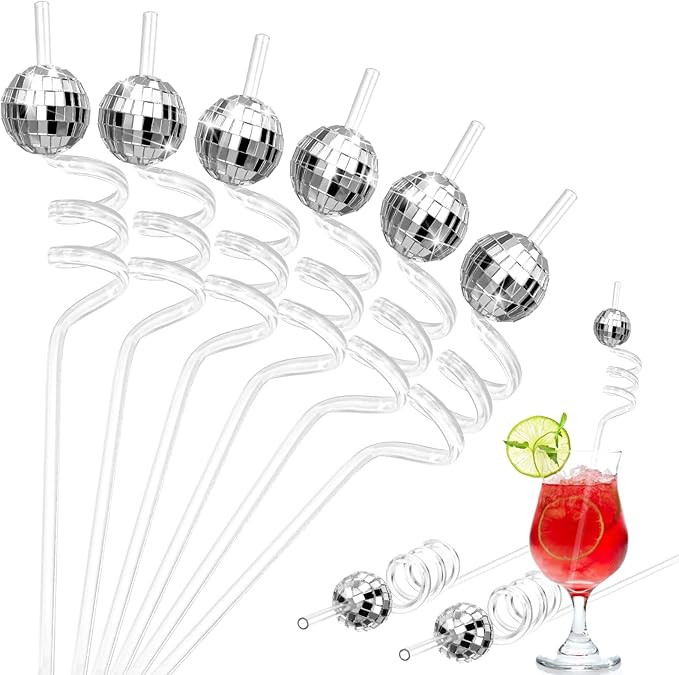 Chengu 24 Sets 70s Disco Ball Straw Glitter Mirror Disco Ball and Silver Plastic Bride Straws for... | Amazon (US)